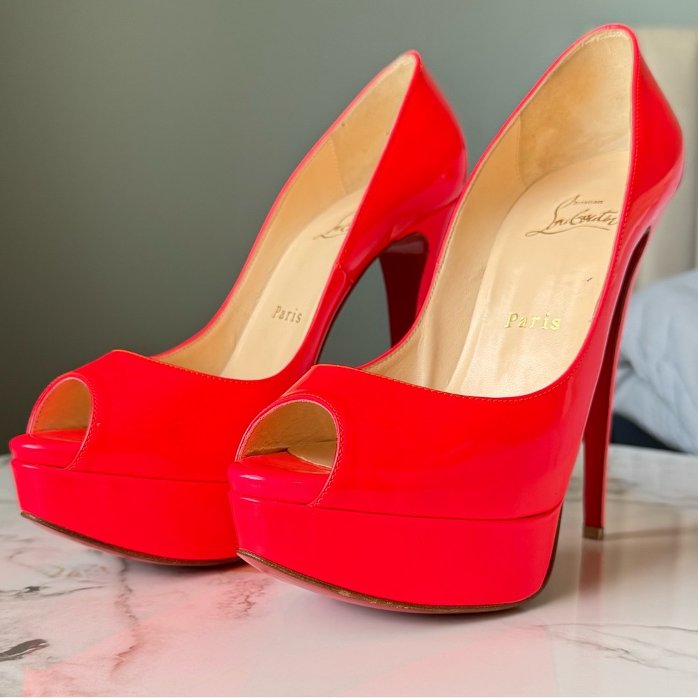 Christian Louboutin Lady Peep 150 | Patent Fluorescent Rose Paris | Size 37.5